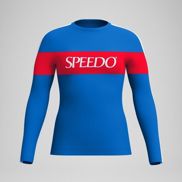 Speedo Women's Jetstream Long Sleeeve Colorblock Rashguard Blue Red White New - Picture 1 of 9